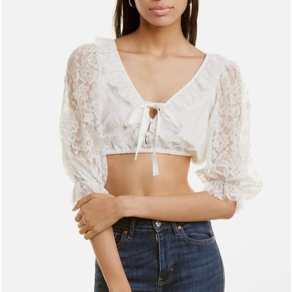 For Love & Lemons Loretta Crop Top Blouse size S White Lace Ruffle Floral‎